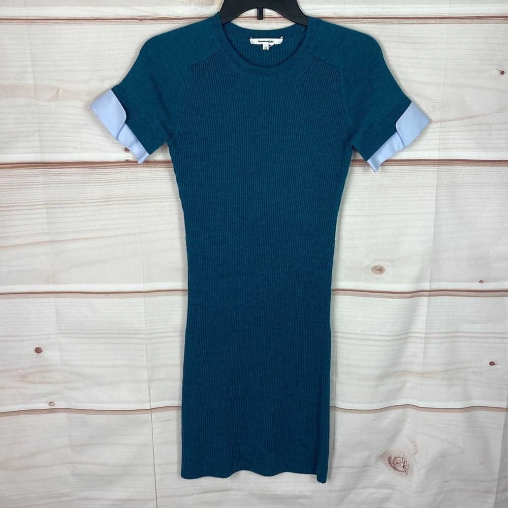 Carven Dress Womens XS Green Ribbed Wool Sweater Mini Crew Neck Layered Look